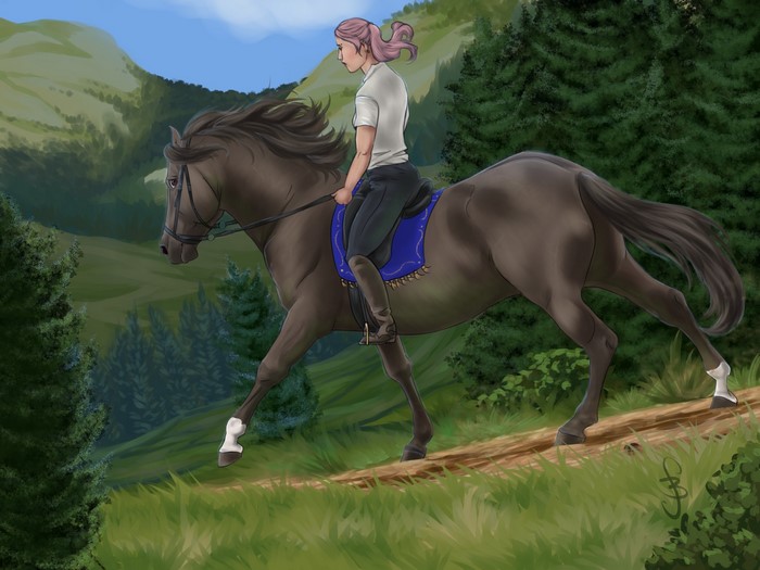 Woman riding a horse on a dirt path in a forest