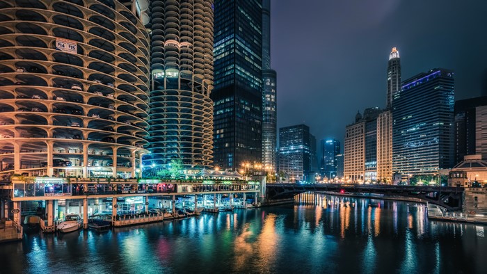 Chicago City Riverfront at Night