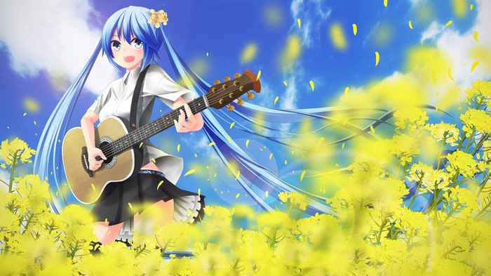 Hatsune Miku playing guitar in a field of flowers