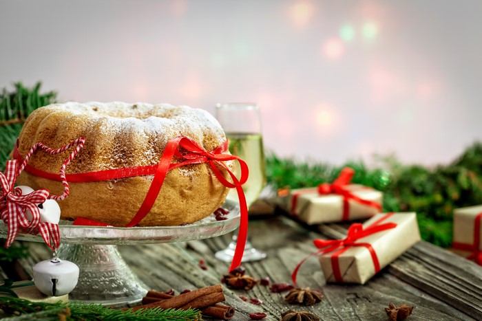 Christmas Bundt Cake with Gifts and Champagne