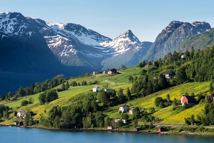 Olden, Norway: Mountains and Coastline with Houses