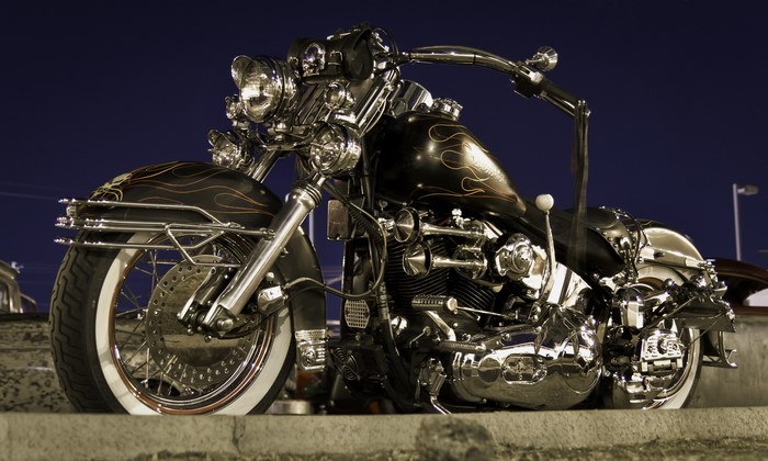 Custom Harley-Davidson motorcycle with flames
