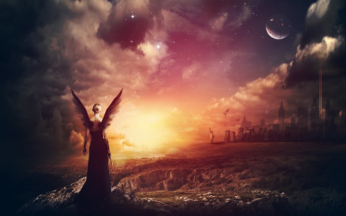Angel overlooking a city at sunset