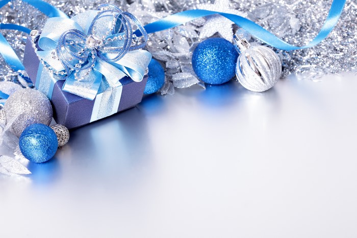 Christmas Gift Box with Blue and Silver Ornaments