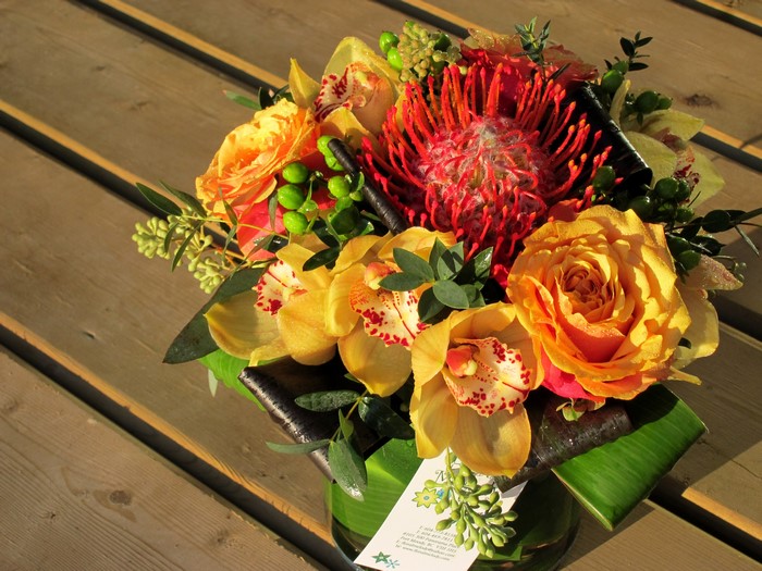 Orchid and Rose Bouquet with Pincushion Protea