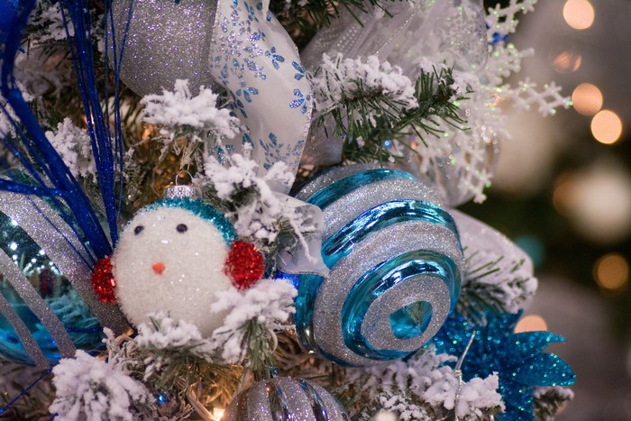 Christmas tree ornaments with blue and silver decorations