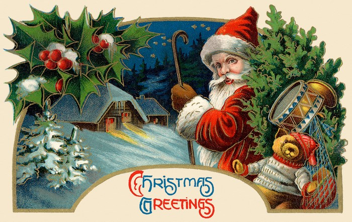 Christmas Greetings with Santa Claus and Teddy Bear