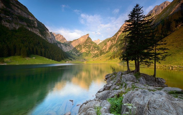 Lake and mountains with trees and rocks