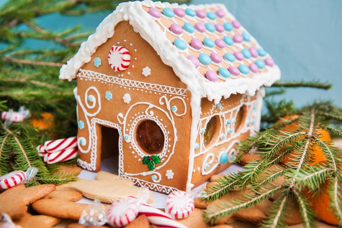 Gingerbread house with Christmas decorations