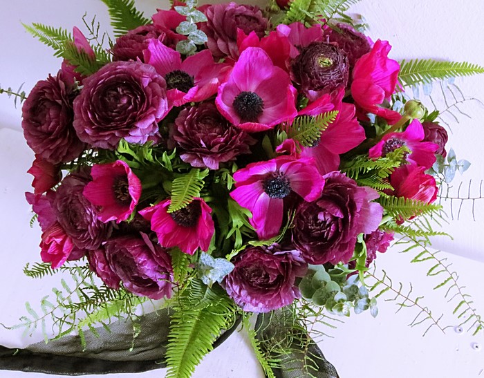 Bouquet of Ranunculus and Anemones in Wine Color