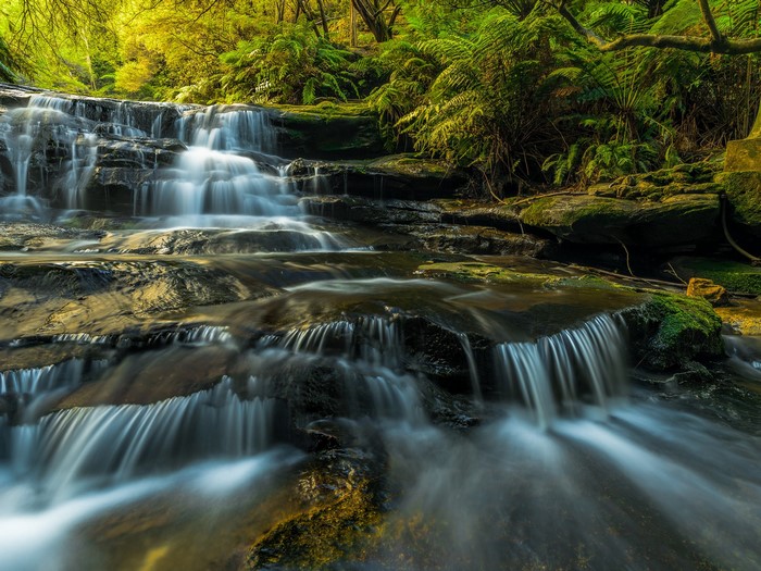 Mossy rocks with cascading waterfalls in a forest