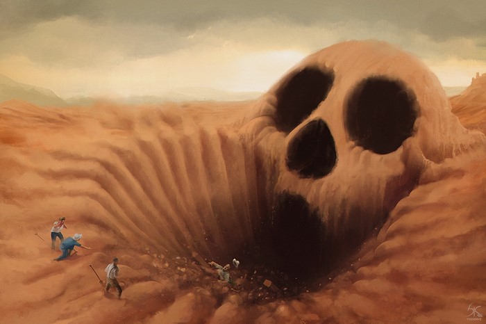 Giant Skull in Desert with Explorers