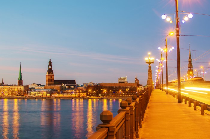 Riga skyline and bridge at night