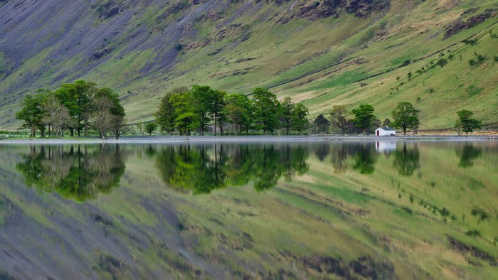 Lake with trees and a white building reflecting on the water