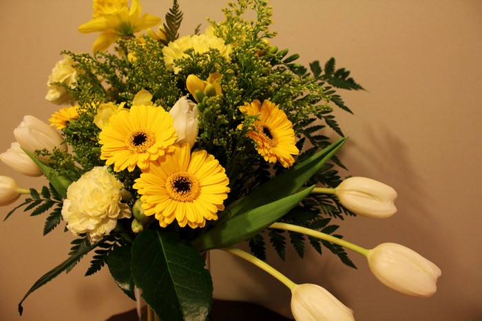 Yellow Gerberas and White Tulips Bouquet