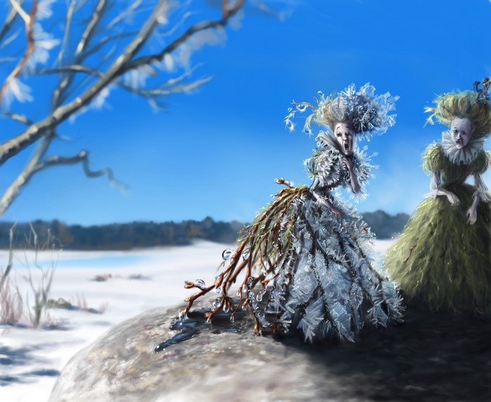 Two supernatural beings in a winter landscape