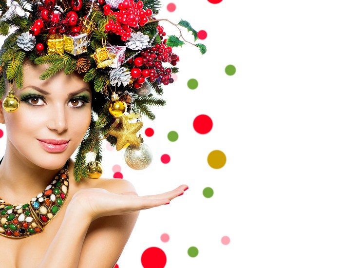 Woman with Christmas decorations in hair