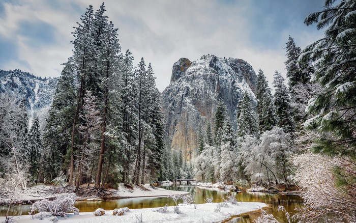 Yosemite National Park in Winter with Snow and River