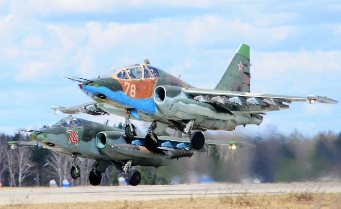 Two Sukhoi Su-25 fighter jets taking off