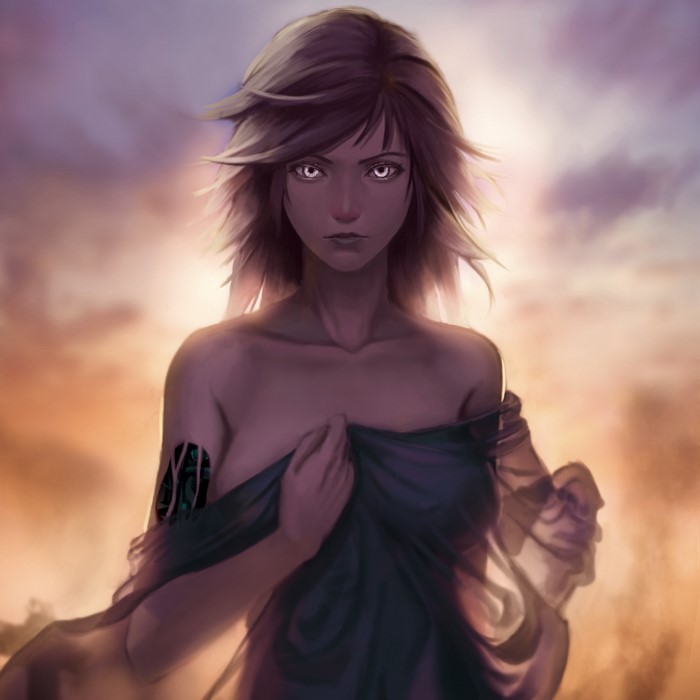 Brown-haired woman with robotic arm in fantasy setting