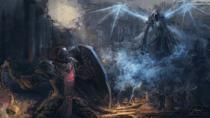 Knight with shield and mace fighting a demon in Diablo III