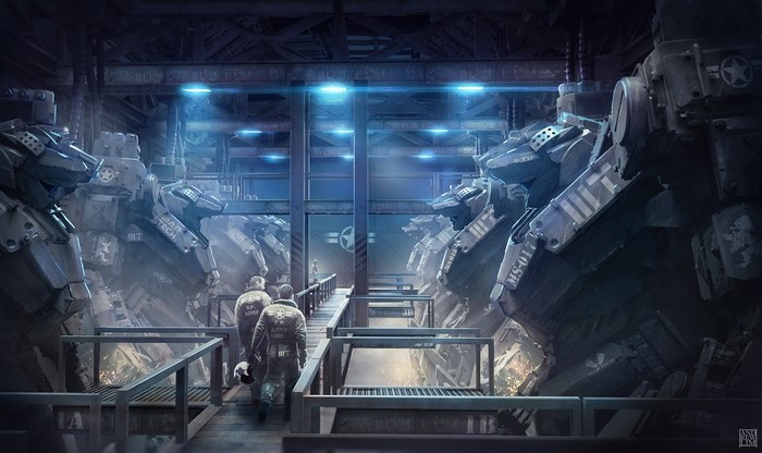 Giant robots in a hangar with soldiers