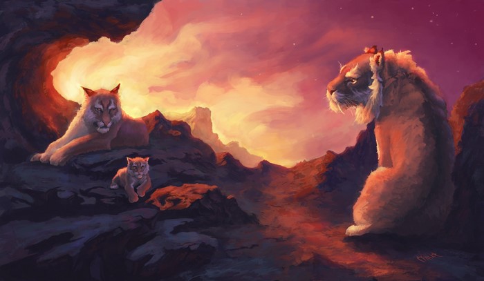 Sabertooth tiger family in a rocky landscape at sunset
