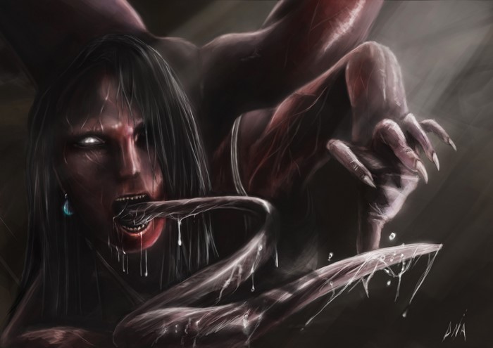 A monstrous creature with a human face and claws
