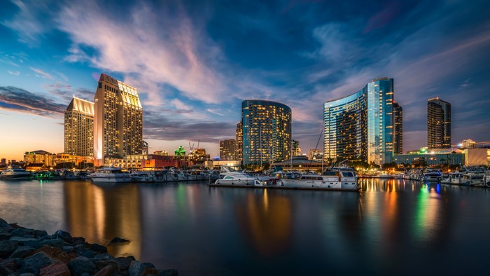 San Diego skyline with marina at dusk