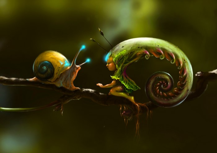 Fairy and snail on a branch