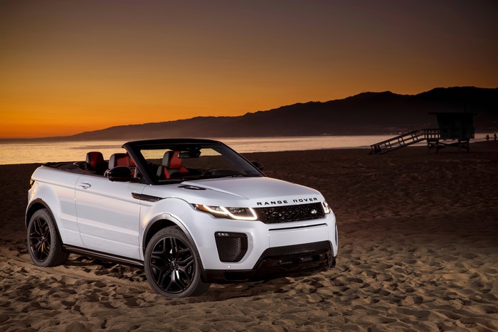 White Range Rover Evoque Cabriolet on a Beach at Sunset