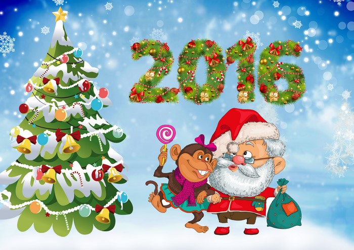 2016 Christmas with Santa Claus and Monkey