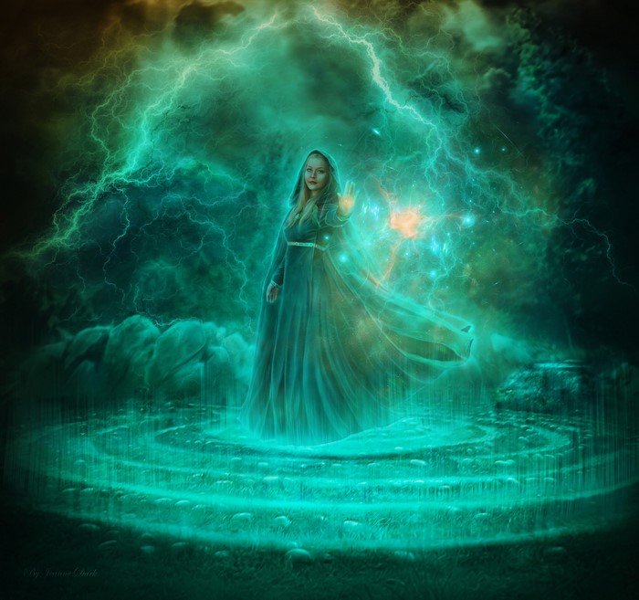 Woman casting magic with lightning in the background