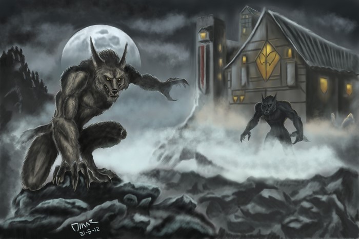 Two Werewolves in a Misty Landscape with a Castle
