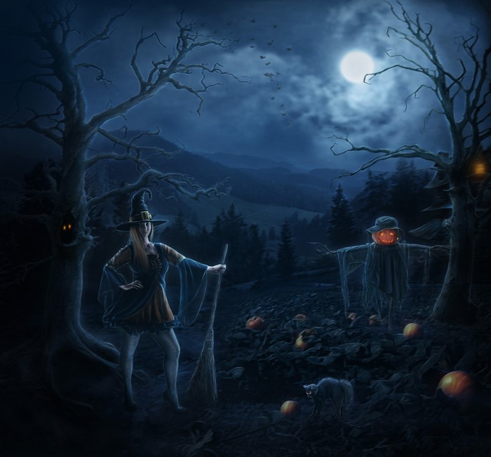 Halloween night with a witch and scarecrow