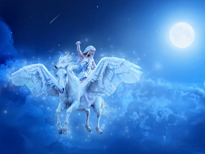 4K Pegasus with Blonde Girl Flying Under Moon