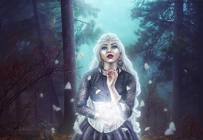 Blonde woman holding a glowing orb in a forest