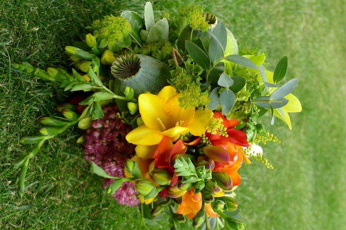 Bouquet of Freesia and Greenery on Grass