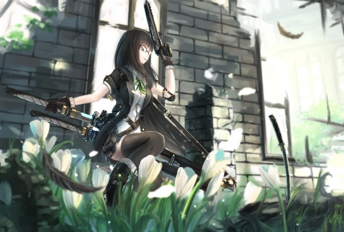 Girl with glasses holding guns and swords