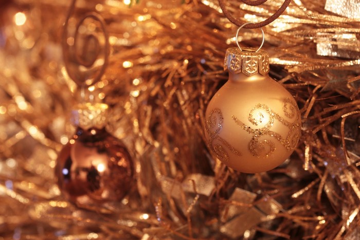 Christmas ornaments on a decorated tree