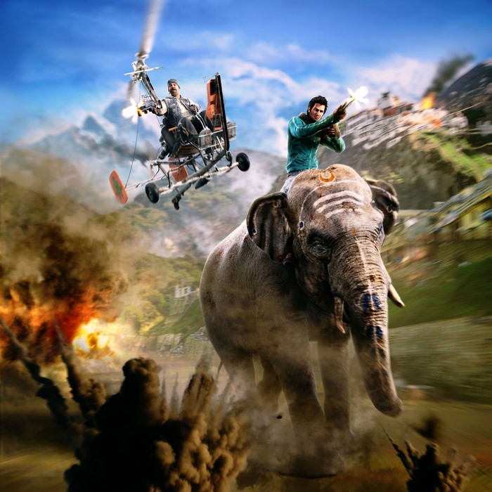 Ajay Ghale riding an elephant in Far Cry 4