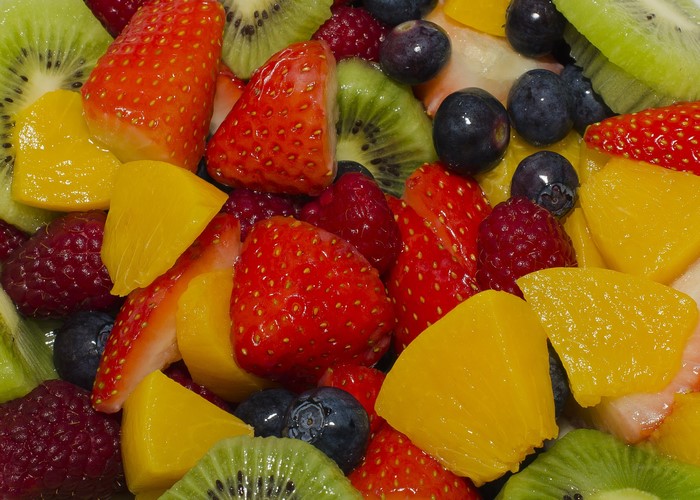 Fruit Salad with Strawberries, Blueberries, Kiwi, and Mango
