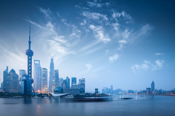 Shanghai skyline with Oriental Pearl Tower and skyscrapers