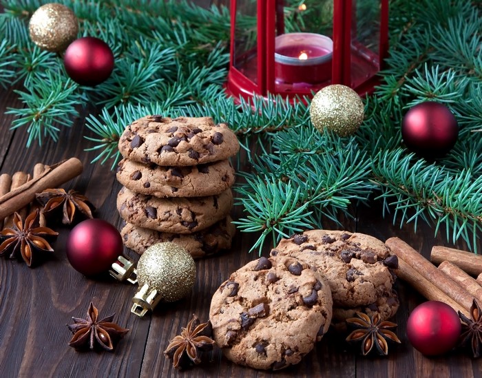 Christmas cookies with fir branches and ornaments