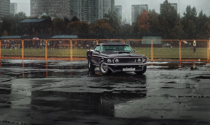 Black Ford Mustang Mach 1 in the rain