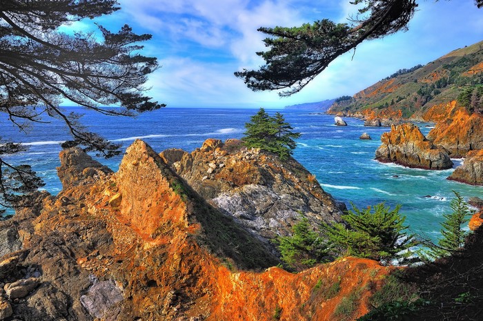 Rocky coastline with ocean waves in California, USA