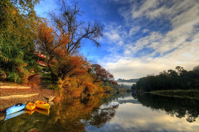 Kayaks on a river in Healdsburg, California