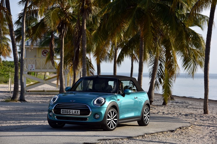 4K Mini Cooper Convertible on a Beach with Palms