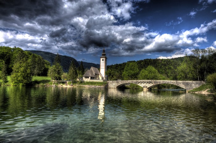 Church and Bridge over Lake Bohinj, Slovenia
