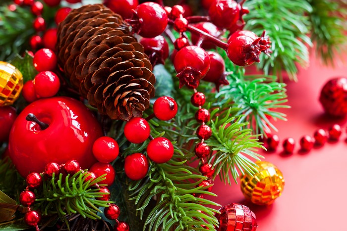Christmas decoration with pine cone and red berries